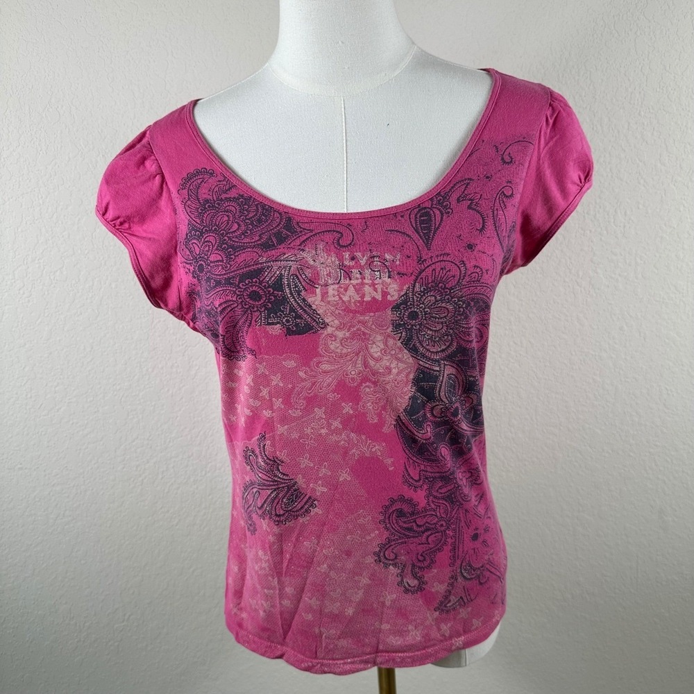 Calvin Klein Jeans T Shirt Womens M Pink Paisley Puff Sleeve Y2K McBling